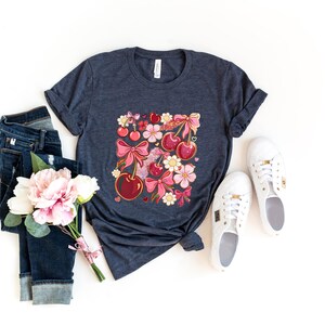 Cute Cherry Bow T-Shirt, Women Crewneck shirt with  Heart, Kawaii Pink Summer Aesthetic Tee,Floral Girly Casual Outfit,Birthday gift for mom