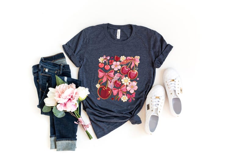 Cute Cherry Bow T-Shirt, Women Crewneck shirt with  Heart, Kawaii Pink Summer Aesthetic Tee,Floral Girly Casual Outfit,Birthday gift for mom