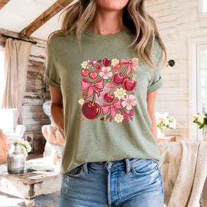 Cute Cherry Bow T-Shirt, Women Crewneck shirt with  Heart, Kawaii Pink Summer Aesthetic Tee,Floral Girly Casual Outfit,Birthday gift for mom