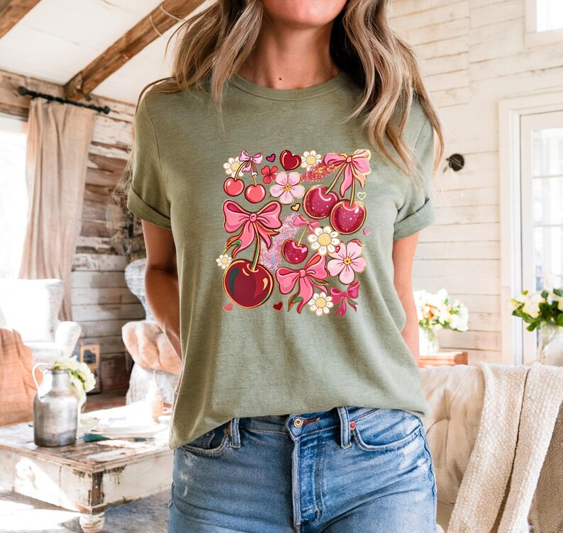 Cute Cherry Bow T-Shirt, Women Crewneck shirt with  Heart, Kawaii Pink Summer Aesthetic Tee,Floral Girly Casual Outfit,Birthday gift for mom