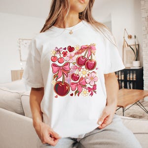 Cute Cherry Bow T-Shirt, Women Crewneck shirt with  Heart, Kawaii Pink Summer Aesthetic Tee,Floral Girly Casual Outfit,Birthday gift for mom