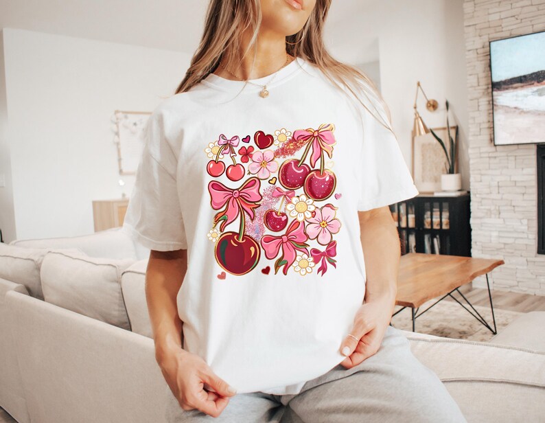 Cute Cherry Bow T-Shirt, Women Crewneck shirt with  Heart, Kawaii Pink Summer Aesthetic Tee,Floral Girly Casual Outfit,Birthday gift for mom