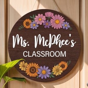 Gepersonaliseerde 3D-deurbord leraar, aangepaste deurhanger leraar, aangepaste bloemen deurbord klaslokaal, aangepaste naam leraar, terug naar school cadeau