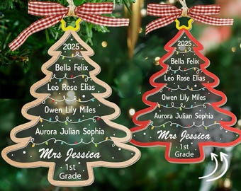 May include: Two Christmas tree-shaped ornaments with personalized text. One is outlined in wood, the other in red. Both have names, the year 2025, and the text "Mrs. Jessica, 1st Grade." Each ornament has a red and white checkered bow.