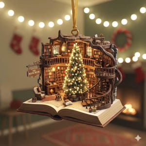 May include: A detailed Christmas ornament shaped like a cosy library, complete with bookshelves, a fireplace, and a spiral staircase. A decorated Christmas tree is in the centre. The ornament is suspended by a gold ribbon and sits atop an open book. The sign reads "The Book Nook."