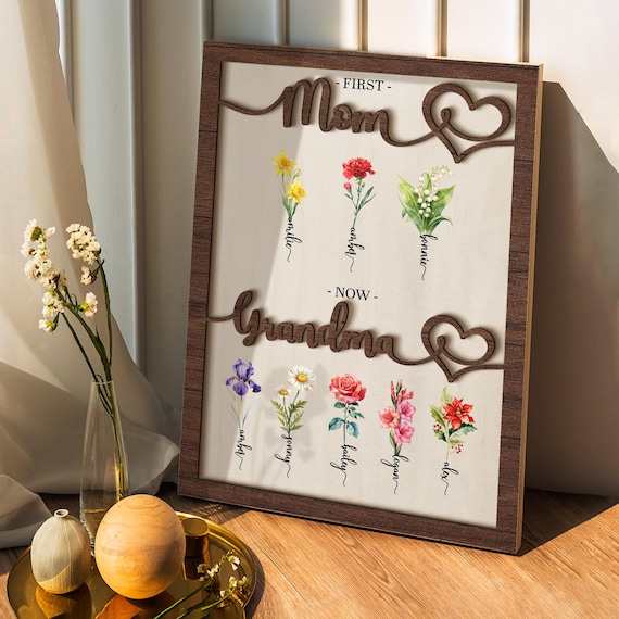 Personalized Flower Birth Month Garden Sign Frame Grandma Gift, Mothers Day Gift for Mum, Nana, Grandma, First Mum Now Grandma Sign Gift