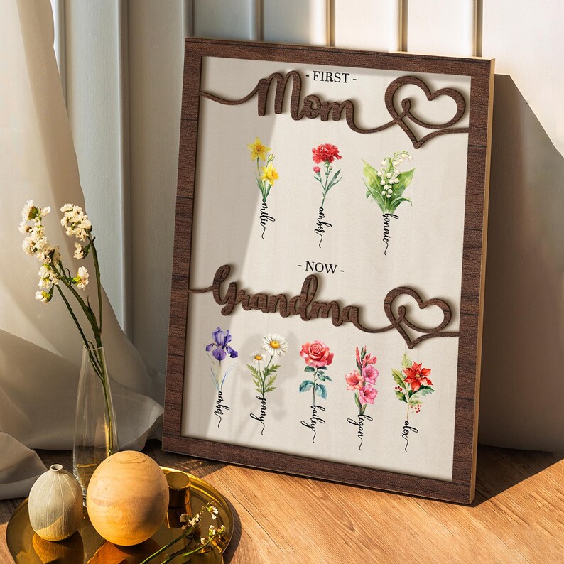 May include: A wooden framed print with the words "First - Mom" and "Now - Grandma" in a decorative font. The print features a heart design and illustrations of flowers with their names written below.