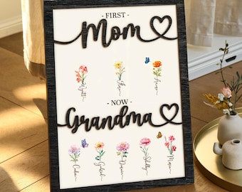 Personalized First Mom Now Grandma Sign, Mom To Grandma Sign Flower Birth Month Garden Sign, Grandma Gift, Mothers Day Gift for Mum, Nana