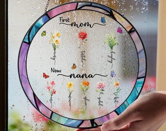 Personalized First Mom Now Grandma Garden Stained Glass, Birth Flowers Suncatcher Gift, Mother's Day Gift For Mom,Grandma Gift From Grandkid