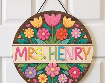Personalized Teacher 3D Door Sign, Teacher Flower Door Hanger, Custom Floral Classroom Door Sign, Back to School Gift, Teacher Name Sign