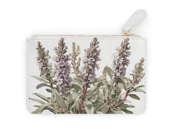 Mini borsa CLUTCH IN PELLE VEGANA, elegante cespuglio di salvia botanica, borsa bianca per feste serali, occasioni, regalo per moglie, fidanzato, fidanzata