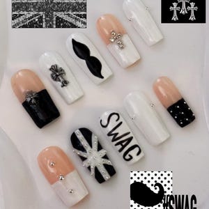 Uñas postizas hechas a mano en blanco y negro estilo Y2K