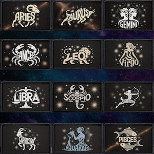 Op de afbeelding: Een verzameling rechthoekige patches met witte dierenriemtekens en namen op een zwarte achtergrond. Elke patch toont een ander astrologisch teken, waaronder Ram, Stier, Tweelingen, Kreeft, Leeuw, Maagd, Weegschaal, Schorpioen, Boogschutter, Steenbok, Waterman en Vissen.