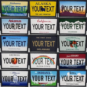 May include: A collection of rectangular patches resembling license plates, each featuring a state name and the text "YOUR TEXT" in bold, black font. The patches have a black border and include state-specific imagery and slogans.