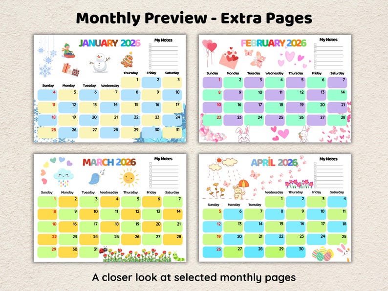 2026 Printable Kids Calendar, Cute Kids Monthly Planner, Editable Canva ...