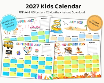 Pode incluir: Um modelo de calendário infantil 2027 com 12 meses e ilustrações sazonais coloridas. As páginas incluem seções para notas, dias da semana e datas numeradas. O texto inclui 2027 Kids Calendar, PDF A4 & US Letter, Instant Download, Editable Canva Template Included e nomes de meses como abril, julho, setembro e novembro.