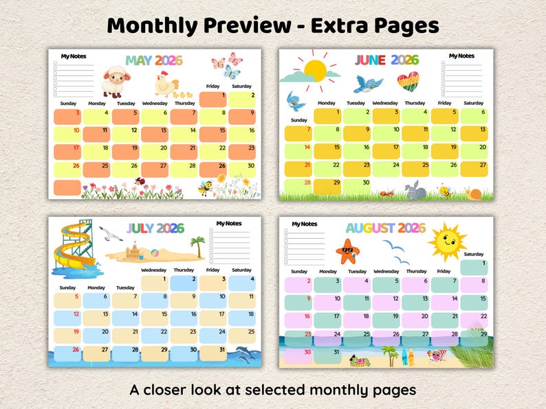 2026 Printable Kids Calendar, Cute Kids Monthly Planner, Editable Canva ...