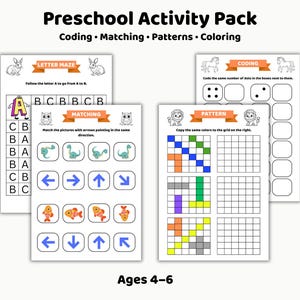 Vorschul-Arbeitsblätter, Beschäftigungsbuch zum Ausdrucken für Kinder von 4–6 Jahren, Nachzeichnungsübungen, Programmieren für Kinder, Feinmotorik, Buchstabenlabyrinth, Kindergarten