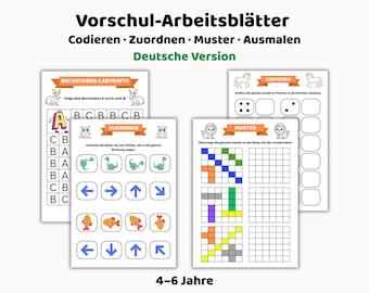 Puede incluir: Hojas de trabajo preescolares con actividades de codificación, emparejamiento, patrones y coloreado. Las páginas incluyen el texto Vorschul-Arbeitsblätter, Codieren, Zuordnen, Muster, Ausmalen y 4-6 Jahre, con ilustraciones de conejos, búhos, leones y peces.
