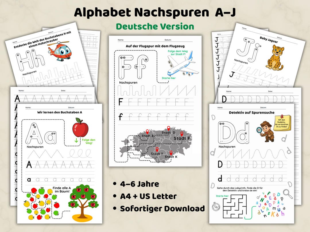 Alphabet Nachspuren A–J | Vorschule Arbeitsblätter | Buchstaben Lernen