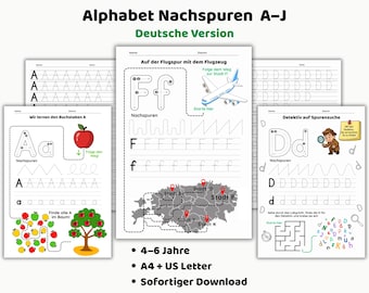 Alphabet Nachspuren (A–J) für Vorschule und Kindergarten - spielerischen Buchstabenlernen & Schreibvorbereitung als PDF.
