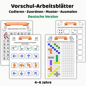 May include: A set of preschool worksheets titled Vorschul-Arbeitsblätter, featuring activities like letter mazes, matching, patterns, and coloring. The pages include illustrations of rabbits, owls, dinosaurs, fish, and lions, with text in German for children aged 4-6.
