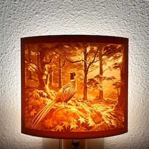 Woodland Pheasant Night Light – Rustic Cabin Wall Decor – Plug-In LED Auto On/Off – Beige or White