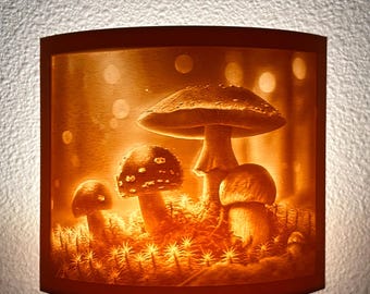 May include: A nightlight with a mushroom design. The nightlight is made of white ceramic and has a warm glow. The mushrooms are depicted in a forest setting with a light brown background.