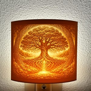 May include: A warm-toned night light featuring a detailed illustration of a tree with extensive roots and branches, set within a circular frame. The design is illuminated, creating a soft, ambient glow. The night light is rectangular with a plug.