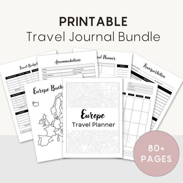 Europe Travel Planner Bundle | 80+ Pages Vacation Planning Templates | Rome Italy Paris France London UK Journal, Packing List, Budgeting