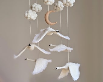 Swans nursery mobile, Clouds moon mobile, Clouds nursery theme, Swans baby mobile, Crib mobile swans, Geese nursery theme