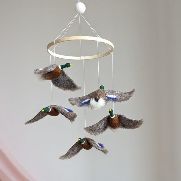 Mallard Ducks Baby Mobile: Needle Felted Hunting Nursery Decor
