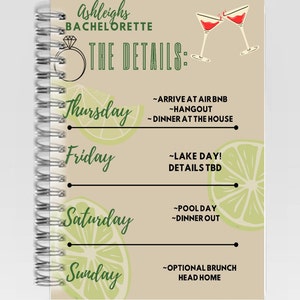 May include: A tan and green bachelorette party itinerary planner with a ring and two martini glasses on the cover. The planner lists the days of the week, Thursday through Sunday, with activities for each day.