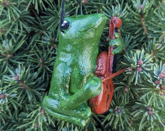 Cello Ornament for Music Lover Gift, Unique Clay Frog Figurine, Handmade String Bass Art Gift, Frog Statue for Musician, Music Teacher Gift