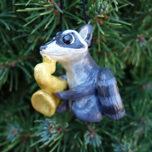 Saxophone Ornament for Music Lover Gift, Clay Racoon Figurine, Handmade Saxophone Art Gift, Racoon Statue for Musician, Music Teacher Gift