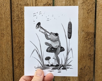 Tarjeta de felicitación de trompeta para músico, rana tocando la trompeta, tarjeta de agradecimiento para profesor de música, tarjeta de cumpleaños para orquesta, regalo para un fanático de la banda.