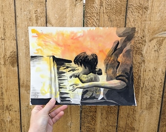 Pintura de piano original, arte musical, regalo para músicos, regalo para amantes del piano, madre e hijo, regalo para profesores de piano, pintura de acuarela