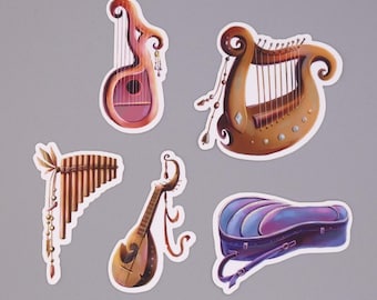 Pegatinas de música: pegatinas troqueladas de 5 cm para amantes de la música, como piano, trompeta y orquesta.