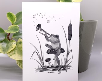 Impresión de 5x7 Música, Músico Rana, Regalo de Trompeta, Impresión Artística de Orquesta, Decoración de Sala de Música, Obra de Arte de Estudio de Música, Regalo para Profesor de Música, Impresión de Jazz