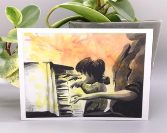 Impresión artística de acuarela de piano, decoración para sala de música, regalo para músico, postal de 5x7 para profesor de música