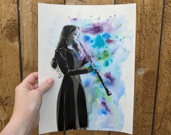 Pintura de acuarela original de oboe, regalo para músicos, impresión artística de oboe para bandas, regalo para profesores de orquesta.