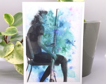 Impresión artística de acuarela de fagot, decoración para sala de música, regalo para músicos, postal de 5 x 7 para profesores de música