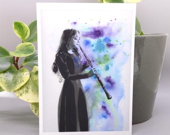 Impresión musical de 5x7, regalo de oboe, postal musical en acuarela, decoración de sala de música, impresión artística de orquesta, obra de arte para estudio de música, regalo para profesor de música