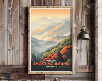 May include: A vintage-style travel poster with a scenic view of the Great Smoky Mountains in Tennessee. The poster features a mountain range with a misty forest in the foreground and a bright orange sunset in the background. The text "The Great Smoky Mountains - Tennessee" is printed in white on a red banner.