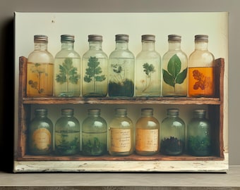 Vintage Botanical Apothecary Jars Canvas Wall Art - Nature-Inspired Home Decor, Perfect for Rustic, Boho, or Farmhouse Interiors No.76