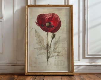 Poppy Botanical Art Red Poppy Wall Art Flower Poster Decor Nature Art Print Home Decor Poppy Floral Illustration Garden Art Wall Decor No.43