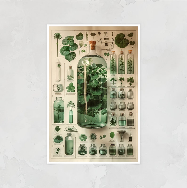 May include: A vintage botanical illustration poster featuring a large glass bottle filled with green leaves and smaller bottles containing various plant specimens. The poster has a cream background with black text and illustrations.