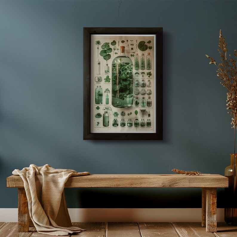 May include: A framed vintage botanical illustration of various plants and herbs in glass bottles. The illustration is in shades of green and brown on a cream background. The frame is black.