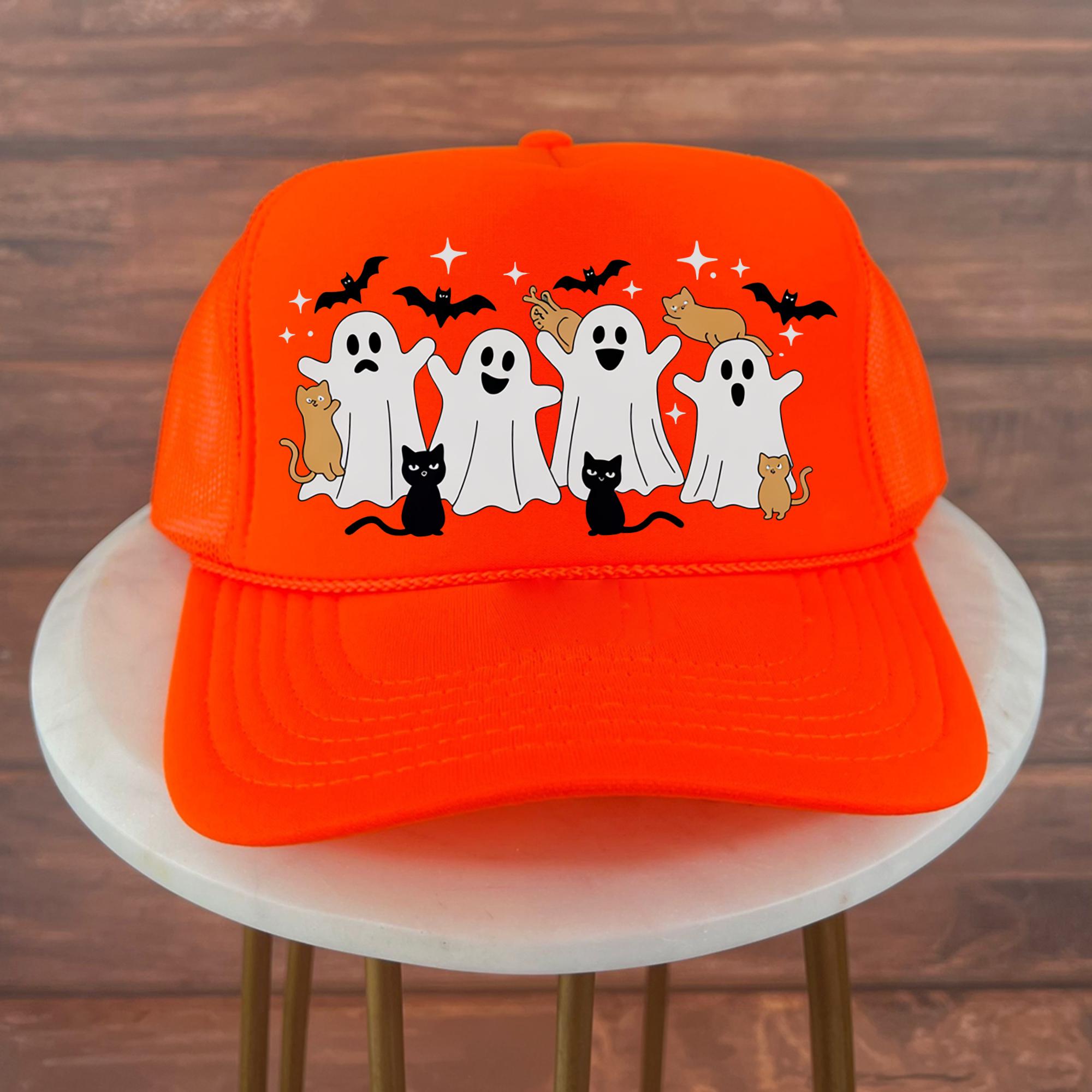 Halloween fall custom made trucker hat with pink ghost and black cat! Halloween Trucker - Etsy main image 4