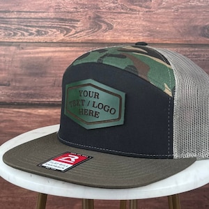 Custom Logo Hat, Camo Printed Hat, Custom Genuine Leather Patch Hat, Custom Trucker Hat, Flat Bill 7 Seven Panel Hat, Personalized Bulk Hat